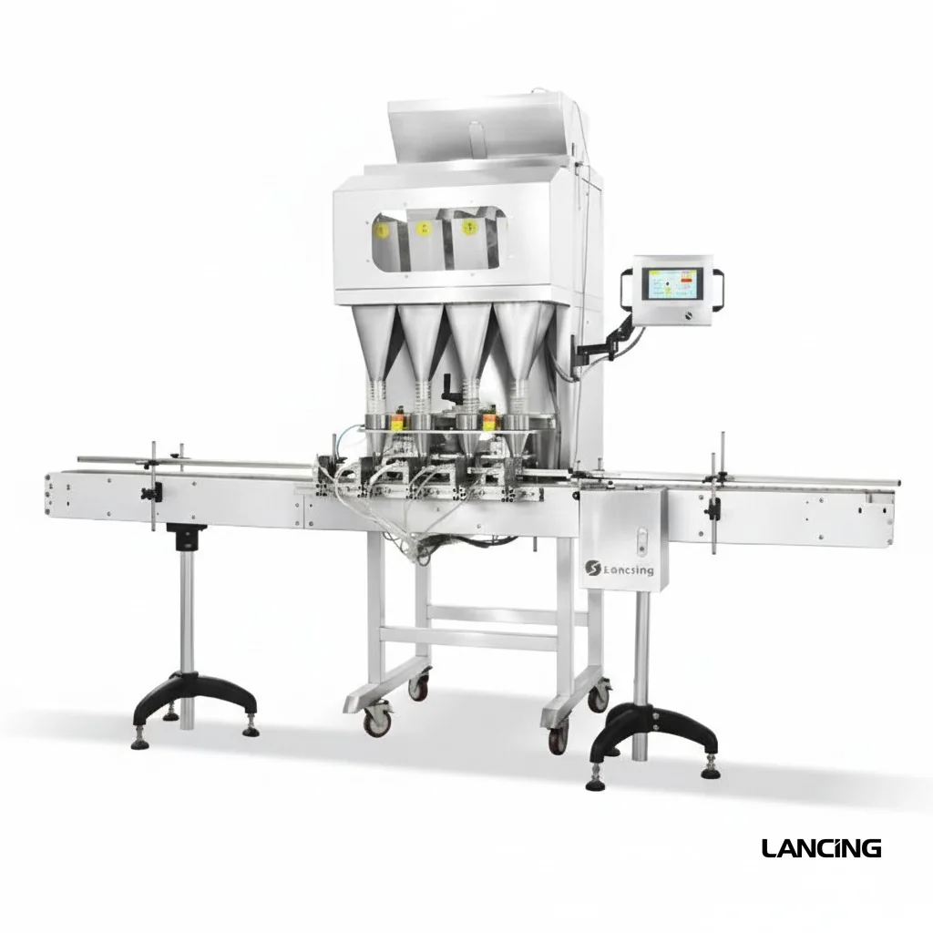Automatic four-head granule weigh filling machine with conveyor for linear weigh filler applications